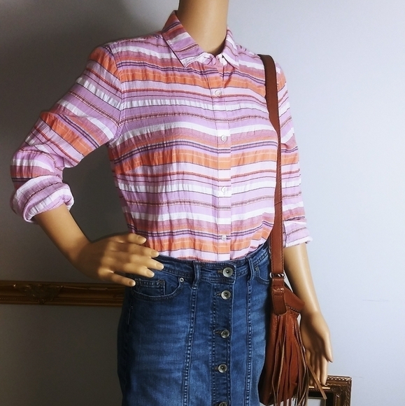 J. Mclaughlin botton down‎ striped shirt orange size small retro summer - Picture 1 of 8